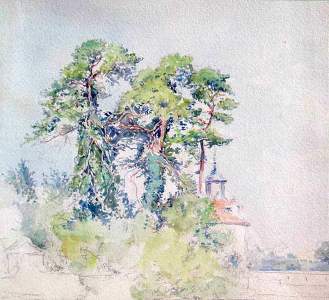 Arbres devant une tour, inachevé
